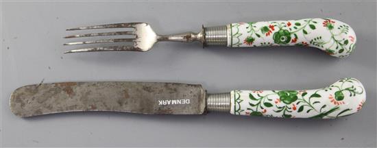 A Danish porcelain handled knife and fork, late 18th century, 21cm and 25cm